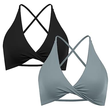 SUUKSESS Women 2 Piece Open Back Strappy Sports Bra Pack Twist Front V Neck Padded Workout Crops (#2 Black & Grey, M) - Image 2