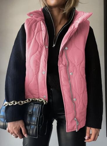 EVALESS Womens Fashion Cropped Puffer Vest Fall 2025 Lightweight Quilted Stand Collar Sleeveless Button Down Jackets Winter Warm Coat Outerwear Gilet with Pockets Pink X-Large - Image 2