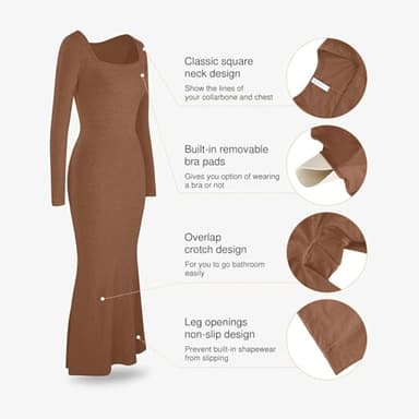 Popilush Long Sleeve Maxi Dress Bodycon Cocktail Dress Shapewear Tummy Control Fall Formal Dresses Built-in Bra Brown - Image 4