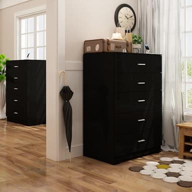GEPELCN Dresser for Bedroom with Power Outlets Wood 5 Drawer Dresser with Large Storage Space Black Chest of Drawers with Smooth Metal Rail Tall Storage Organizer for Bedroom Living Room Closet - Image 2