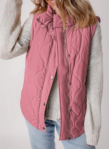 EVALESS Womens Fashion Cropped Puffer Vest Fall 2025 Lightweight Quilted Stand Collar Sleeveless Button Down Jackets Winter Warm Coat Outerwear Gilet with Pockets Pink X-Large - Image 6