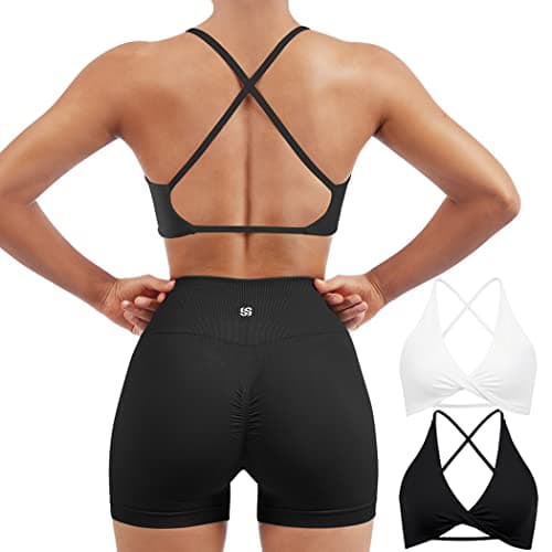 SUUKSESS Women 2 Piece Open Back Strappy Sports Bra Pack Twist Front V Neck Padded Workout Crops (#2 White & Black, M) - Image 1
