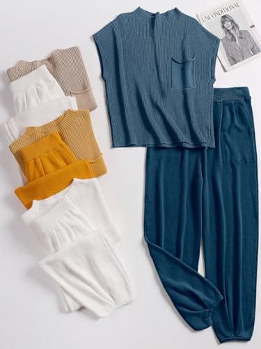 ANRABESS Women's Two Piece Outfits Knit Sweater Vest Crop Top Pants Lounge Matching Tracksuit Sweatsuit Travel Clothes Sets Deep Blue Small - Image 8