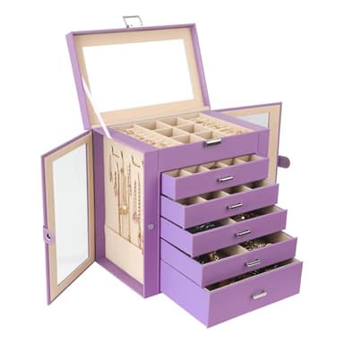 CIIGIO 6 Layer Large Jewelry Boxes With Mirror，Multifunctional 5 Drawers Jewelry Box Organizer with 2 Glass Door for Necklace Organizing (Purple) - Image 1