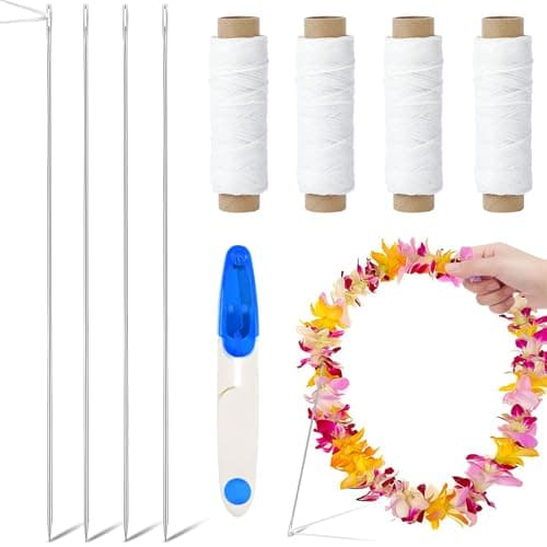 Kaiolbly 9 Pcs Lei Needle Kit, 4 Pcs 14 Inch Stainless Steel Long Lei Needle to Make Hawaiian Leis 4 Lei String 1 Sewing Scissors Lei Making Kit for DIY Graduation Hawaiian Flower Lei Wreath Accessory - Image 1