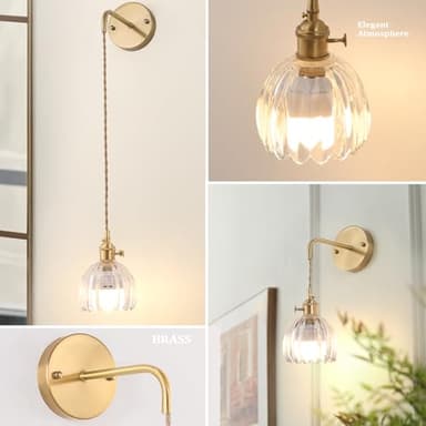 Shenmoyl Battery Operated Wall Sconce with Clear Tulip Shade Pattern Glass Adjustable Chain Retro Gold Wall Mounted Light, Modern Wall Decor for Bedside Bedroom Indoor Doorway， Set of 2 - Image 5