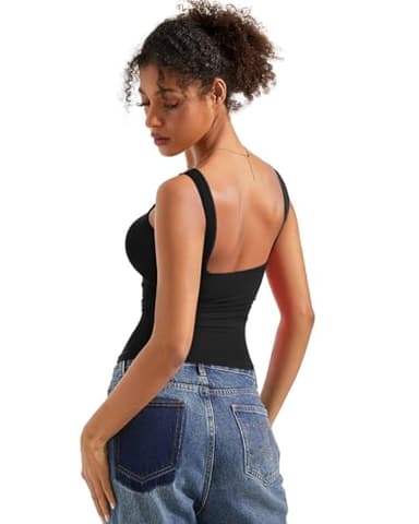 SUUKSESS Women Built in Bra Open Back Boat Neck Tank Tops Double Lined Backless Y2K Going Out Top Basic Shirt (Black,L) - Image 3