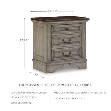 Signature Design by Ashley Lodenbay Casual 3 Drawer Night Stand with USB Charging Ports, Antique Gray - Image 3