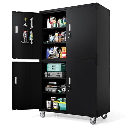 VINGLI Large Garage Storage Cabinet with 4 Doors, Upgraded Height & Wide & Deep, 43''W x 23''D x 75''H, Oversized Metal Storage Cabinet with Pegboards Wheels Locks and Adjustable Shelves (Black) - Image 1
