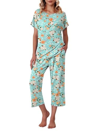 Ekouaer Women's Capri Pajama Sets Floral Print Short Sleeve Sleepwear Top and Capri Pants 2 Piece Loungewear with Pockets Green Flowers XL - Image 1