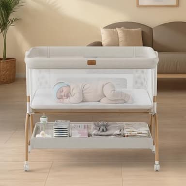 Baby Bassinet Bedside Crib, 3-in-1 Baby Bassinet Bedside Sleeper with Mattress and Soft, Breathable Sheet, Full-Mesh Sides, 6-Height Adjustable, Stable and Secure Crib for Newborns - Image 1