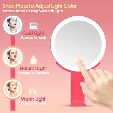 MIYADIVA Magnifying Mirror with Light, Double Sided 30X/1X Lighted Travel Makeup Mirror with Magnification, 3 Color Lighting, Dimmable Touch Screen, Adjustable & Foldable Hand Mirror (Pink) - Image 5