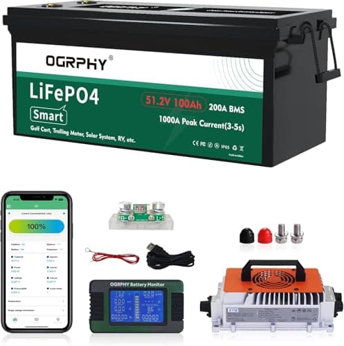 OGRPHY 48 Volt Lithium Battery for Golf Cart with 18A Charger, 48V Lithium Battery with 200A BMS, LCD & Mobile Monitor, 5.12kWh with 10.24kW Output, 1000A Peak Current for Golf Cart(100AH) - Image 1