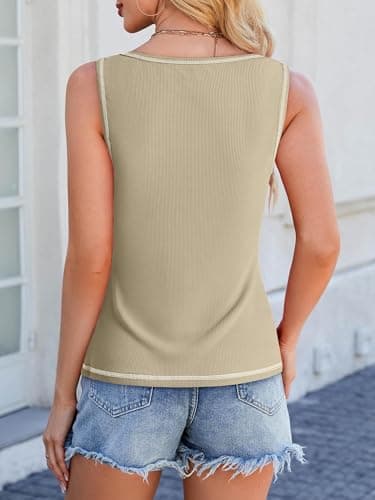 GKBK Women Ribbed Tank Top Sleeveless Casual Crew Neck Long Tank Fitted Strap Slim Basic Cami Tops Apricot XL - Image 5
