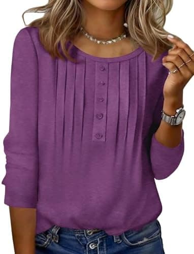 Zeagoo 3/4 Length Sleeve Womens Tops Round Neck Casual Summer Tunic Tops Basic Tees Blouses Dressy T-Shirts Pleated Shirts - Image 3