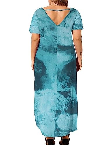 Kancystore Plus Size Sundresses for Women Trendy Casual Beach Maxi Dresses with Sleeves Tie Dye Green XL - Image 2