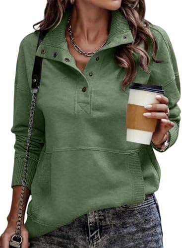 SHEWIN Womens Sweatshirt Casual Long Sleeve Lightweight Sweatshirts Loose Button V Neck Pullover Tops Fall Clothes for Women 2025,US 8-10(M),Olive Green - Image 1