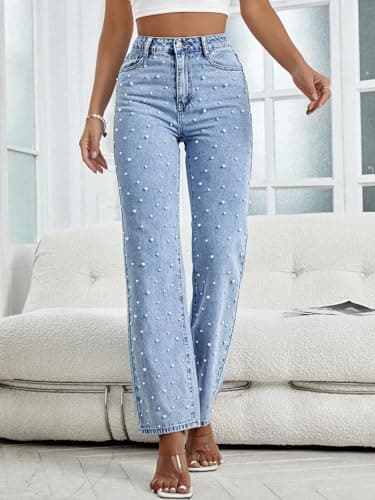 Kedera Women Pearls Beaded Flare Leg Jeans Loose Fit Stretchy Casual Straight Jeans Denim Trousers - Image 4