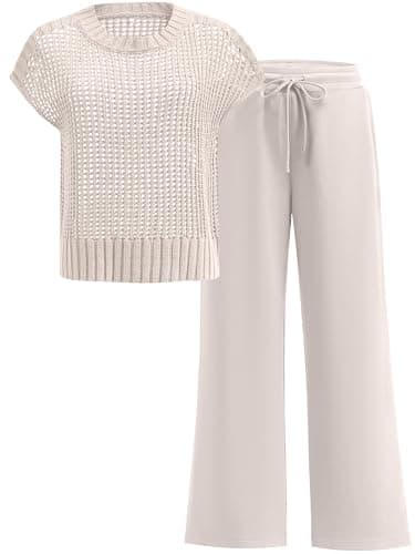 ANRABESS Women Two Piece Outfits Crochet Sheer Knit Sweater Top Wide Leg Pants Lounge Matching Sets Sweatsuit Travel Clothes Aprioct Medium - Image 1