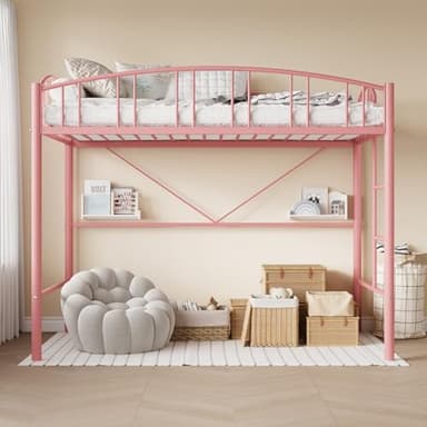 GarveeHome Loft Bed Twin Size, Heavy Duty Metal Loft Bed Frame with Arched Guardrail and Safety Ladder, Space-Saving, No Box Spring Needed, Pink - Image 4
