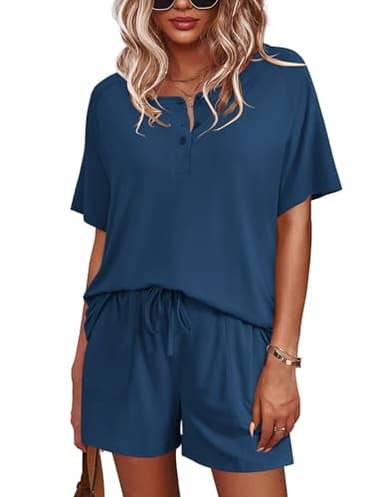 Ekouaer Womens Pajamas Set Short Sleeve Sleepwear 2 Piece Lounge Sets with Pockets Navy Blue, Large - Image 1