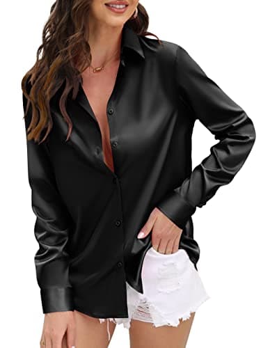 Black Blouses for Women s Satin Silk Blouse top Dressy Womens Women's Elegant Business Casual Work v Neck Long Sleeve Button up Down Dress Shirts Tunic Tops Collared Collar Formal Shirt Black Size S - Image 1