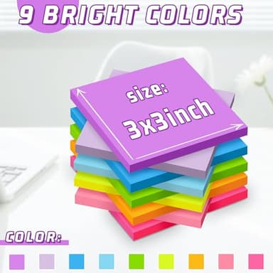 (36 Pack) Sticky Notes 3x3 in Post, 9 Bright Colors Self-Stick Note Pads it, Strong Adhesive, Easy to Post for Home, Office, Notebook - Image 2