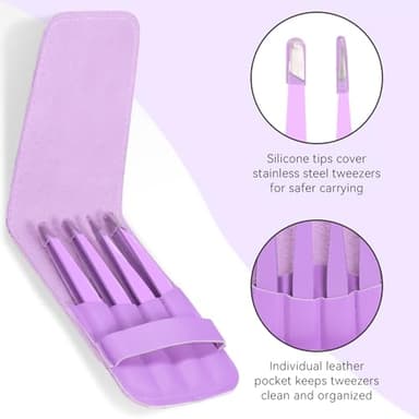 FACEMADE 4 Pack Tweezers Set - Professional Stainless Steel for Men and Women, Precision Eyebrow Facial Hair, Chin, Ingrown Hair Removal (Purple) (T4) - Image 4