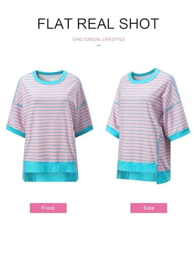 SHEWIN Summer Tops for Women 2025 Short Sleeve Shirts Trendy Loose Crewneck Oversized Tshirts Striped Color Block Cute Top Womens Fashion T Shirt Pink Stripe L - Image 7