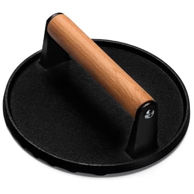 EWFEN Burger Press, 7" Round Heavy-Duty Cast Iron Smash Bacon Press Meat Steak with Wood Handle for Griddle, Sandwich, Nonstick Pan - Image 1