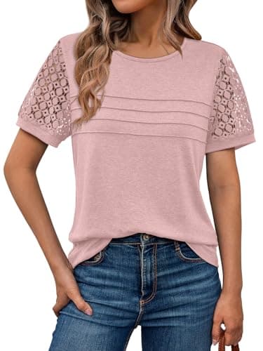AUTOMET Women's Short Sleeve Shirts Dressy Lace Summer Tops 2025 Spring Trendy Casual T-Shirts Cute Work Outfits Blouses Pink M - Image 1