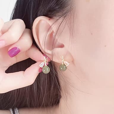 LOOYUUPEE Natural Hetian Jade & Zircon Earrings for Women, Dainty Lucky Green Jade Leaf Charm Pendant Jewelry Studs, Handmade Ear Stud Earrings for Mom Lover Her (925 Sterling Silver with Gold Plated) - Image 3