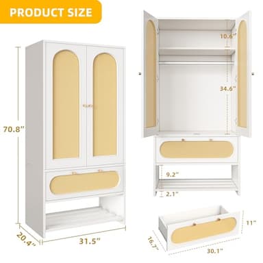 DWVO Rattan Armoire Wardrobe Closet - 70" Tall Rattan Closet with Doors, Large Storage Cabinet with Drawers & Hanging Rod/Bedroom- White