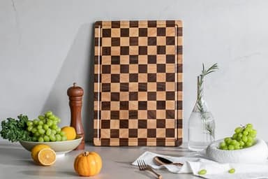 THETCHRY Cutting Boards for Kitchen, Design in USA Large Acacia Wood Chopping Board, Checkered Cutting Board with Juice Grooves & Handles, Butcher Block Serving Tray with Gift Box 16.5" x 11.6" x 0.8" - Image 8