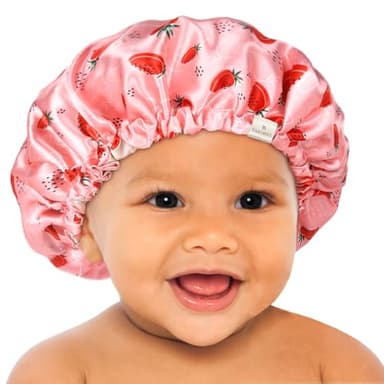 YANIBEST Baby Satin Bonnet Sleep Cap - Double Layer Reversible Adjustable Silky Satin Cap for Infant Toddler(6-36Months,Strawberry) - Image 1
