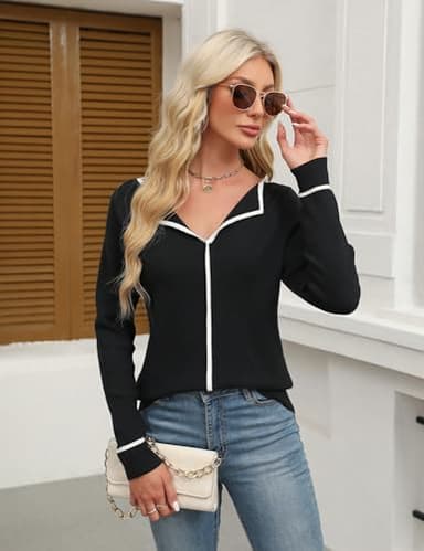 BMJL Women's V Neck Sweater Fall Dressy Casual Tops Long Sleeve Pullover Knit Collared Business Work Shirts(S,Black) - Image 3