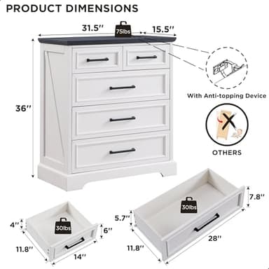 ACCOHOHO Farmhouse 5 Drawer Dresser for Bedroom, 36 Inch Tall Modern Chest of Drawers, Rustic Wood Storgae Organizer with Large Drawers & Bar Handles for Bedroom, Living Room, Hallway, Off White - Image 2