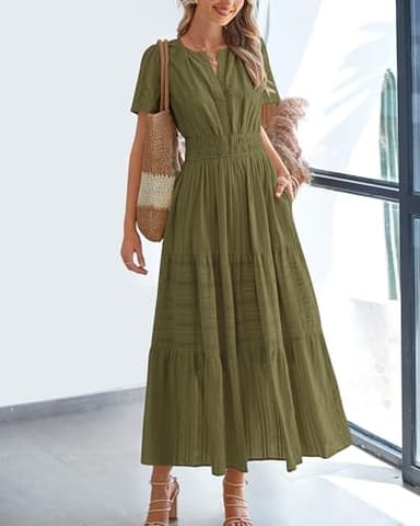BTFBM Womens Summer 2025 Casual Midi Maxi Dresses Lightweight Short Sleeve V Neck Elastic Waist Boho Beach Dress Pockets - Image 3