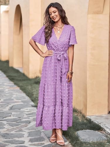 MASCOMODA Womens Swiss Dot Maxi Spring Wedding Guest Dress 2025 Casual Wrap V Neck Flutter Sleeve Long Flowy Party Dresses(Light Purple,X-Large) - Image 4