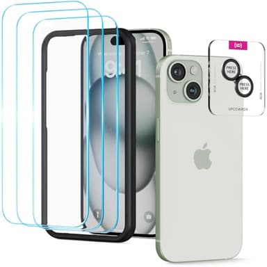 Upcommon UARMOR Glass 3 Pack Clear Screen Protector & 1 Pack Camera Lens Protector for [ iPhone 15 ] 9H Tempered Glass with Easy Installation Kits (3+1 Pack) - Image 1
