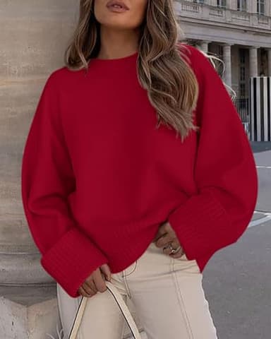 PRETTYGARDEN Women's Fall Oversized Sweaters Casual Crewneck Pullover Long Sleeve Fuzzy Chunky Knit Tops Blouse (Red,Medium) - Image 5