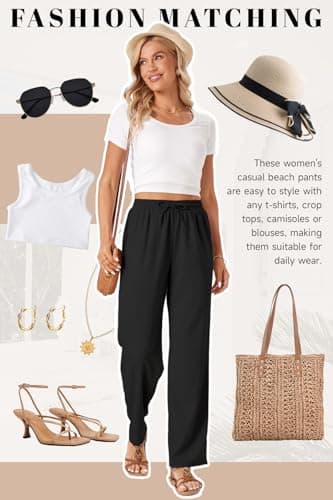 TOPYOGAS Womens High Waist Drawstring Stretch Casual Pants Summer Loose Pants Straight Trousers with Pockets Black - Image 2