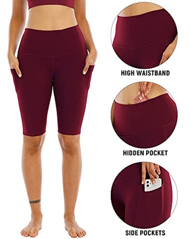 WHOUARE 4 Pack Biker Yoga Shorts with Pockets for Women,High Waisted Athletic Running Workout Gym Shorts Tummy Control,Army Green,Navy,Dark Gray,Burgundy,M - Image 3