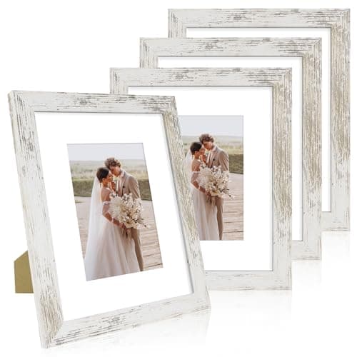 Hongkee 8x10 Picture Frame Set of 4, Made of Real Glass and Distressed White Wooden Frame, 8 by 10 Photo for Wall or Tabletop - Display Picture 5x7 with Mat or 8x10 Without Mat - Image 1