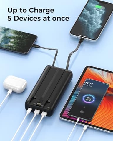 Nacete Portable Charger Power Bank 50000mAh Portable Phone Charger, PD 22.5W Fast Charging Powerbank Built in Cable, 5 Output 3 Input USB C LED Display for iPhone 16 15 14 13 Samsung Android iPad - Image 4