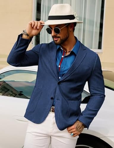 Men's Long Sleeve Knit Denim Sport Coat Blazer Premium Office Casual Business Stretch Suit Dress Jacket Denim Blue L - Image 4
