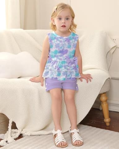 YUEMION Toddler Girl Clothes, 2Pcs Baby Girl Summer Outfits Sleeveless Bow Knot Tank Shirts Tops + Shorts Clothing Sets(Tie-dye pattern + Light purple, 2-3T) - Image 3
