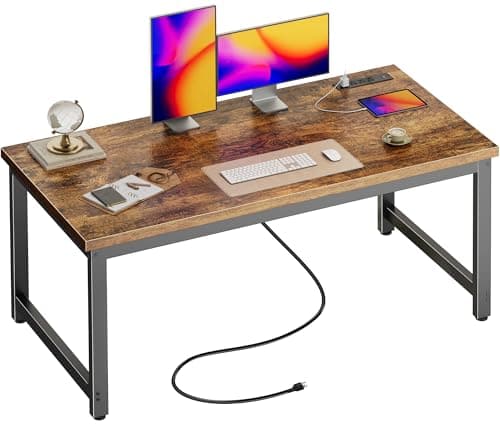 Huuger 55 x 24 inch Desk with Power Outlets & USB-C, Deeper & Thicker Desktop, Robust Metal Tubes, Computer Desk, Heavy Duty Office Desk, Work Gaming Desk for Home Office, Rustic Brown - Image 1