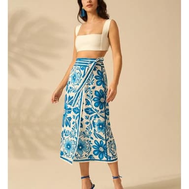 Talakeno Womens Floral Wrap Midi Skirt Summer Adjustable Tie Side Casual High Waist A Line Beach Boho Long Flared Skirts(Blue,M) - Image 5