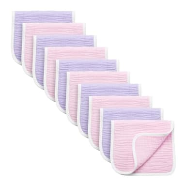 Synrroe Burp Cloths Large, Muslin Burp Cloths for Baby Girls, Pack of 10 Extra Absorbent and Soft Muslin, 6 Layers 20 by 10 Inches 100% Cotton (Pink-Purple 10 Pack) - Image 1